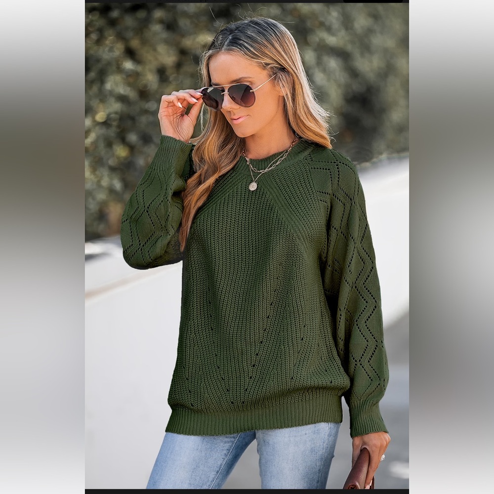 NWT Women's Green Cutout Pointelle Knit Sweater